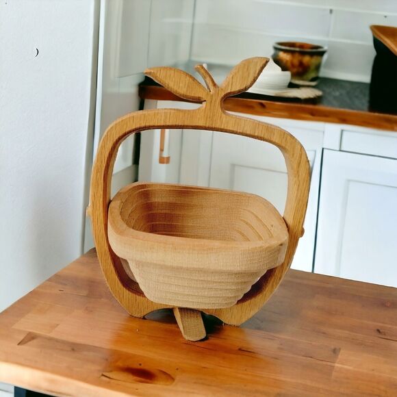 Vtg Basket Apple Shaped Tan Wooden Cut Collapsible Accent Fruit Holder Handmade - Picture 4 of 12